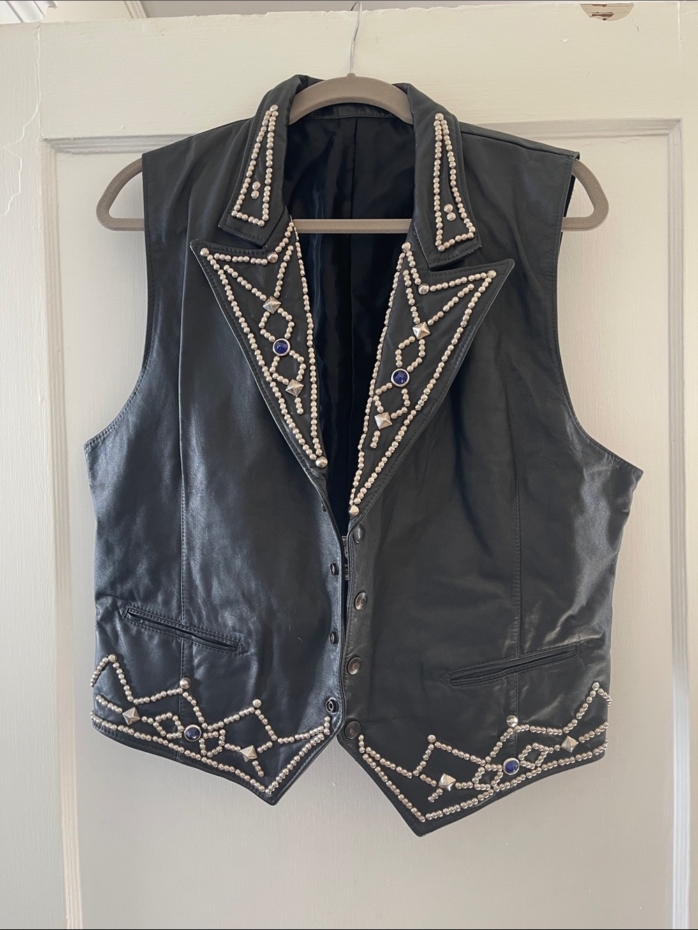 Black Embellished Leather Vest Jacket
